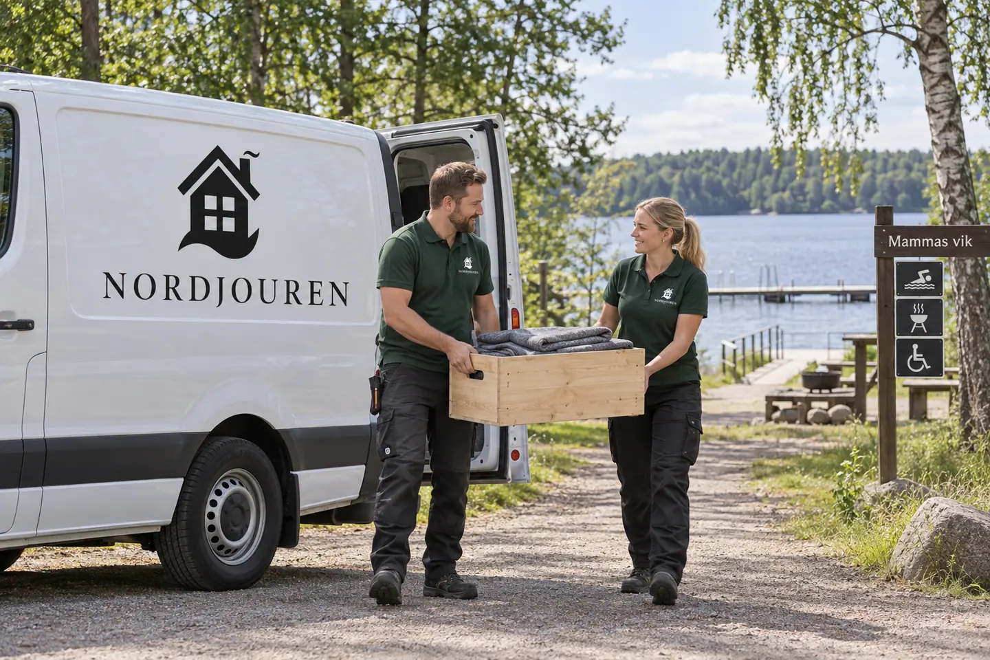 Illustration: Nordjourens bil och personal i Örkelljunga, mammas vik vid hjälmsjön