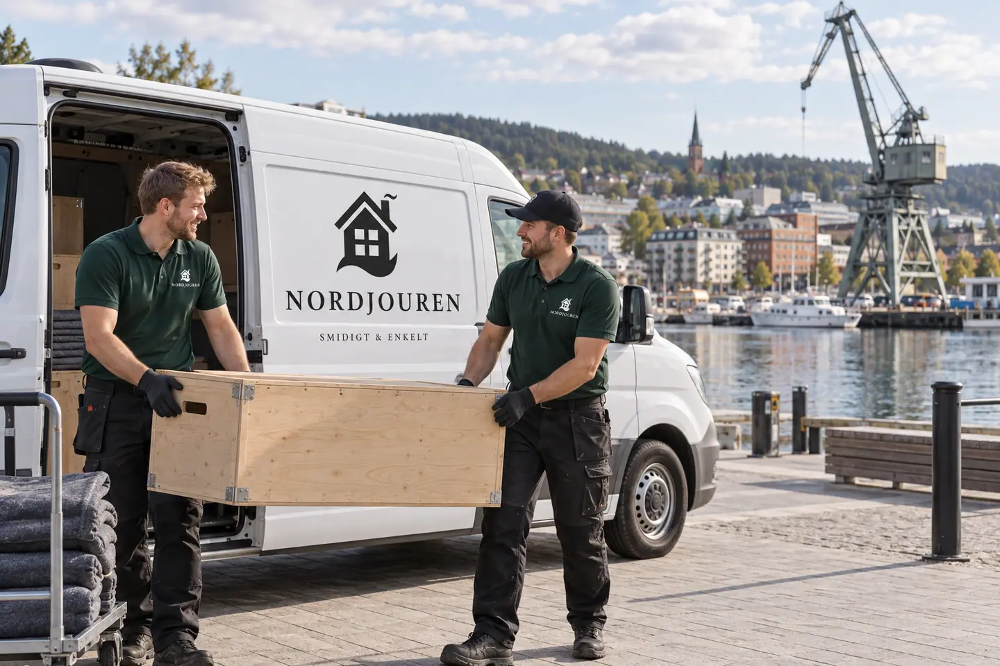 Illustration: Nordjourens bil och personal i Örnsköldsvik, kajpromenaden vid inre hamnen