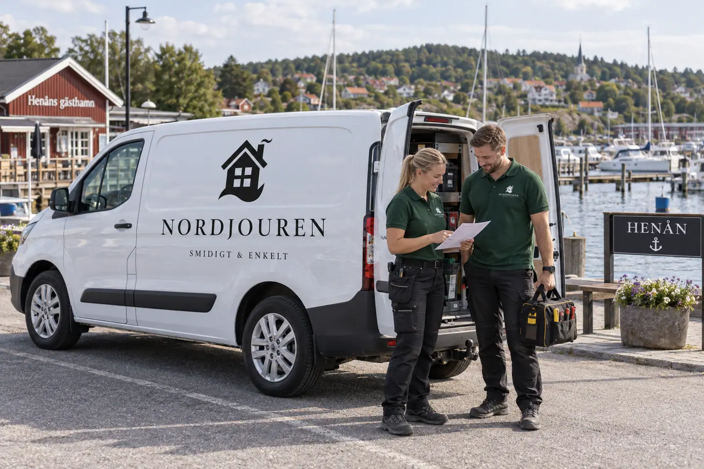 Illustration: Nordjourens bil och personal i Henån, landsidan vid henåns gästhamn