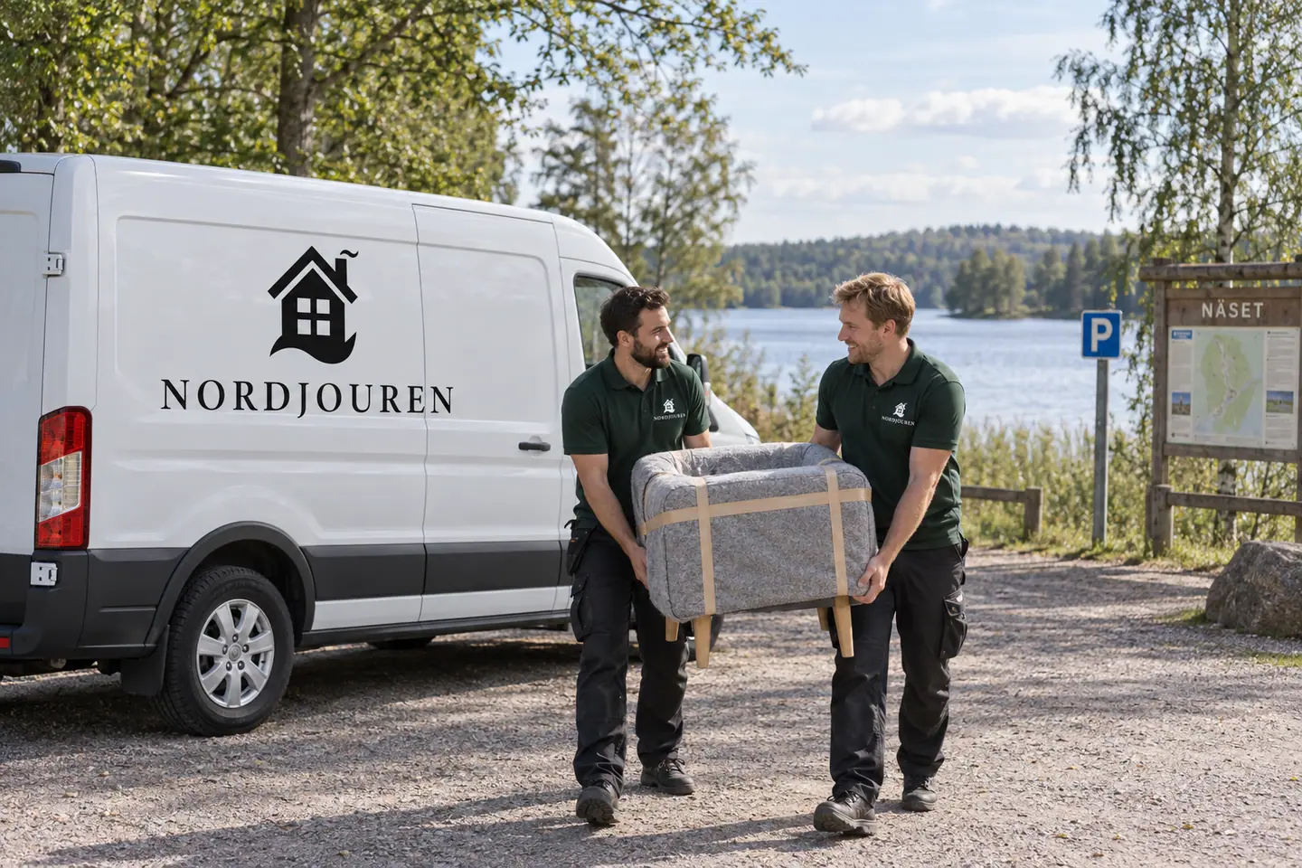 Illustration: Nordjourens bil och personal i Näset vid Osby, parkeringen vid näset och osbysjön