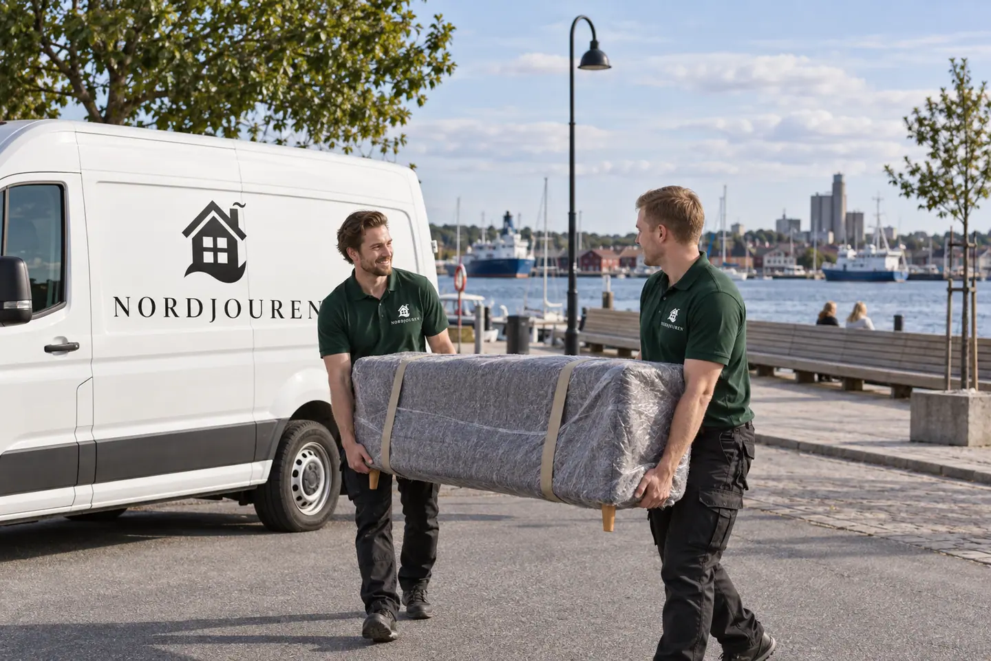 Illustration: Nordjourens bil och personal i Oskarshamn, skeppsbron vid långa soffans omgivning