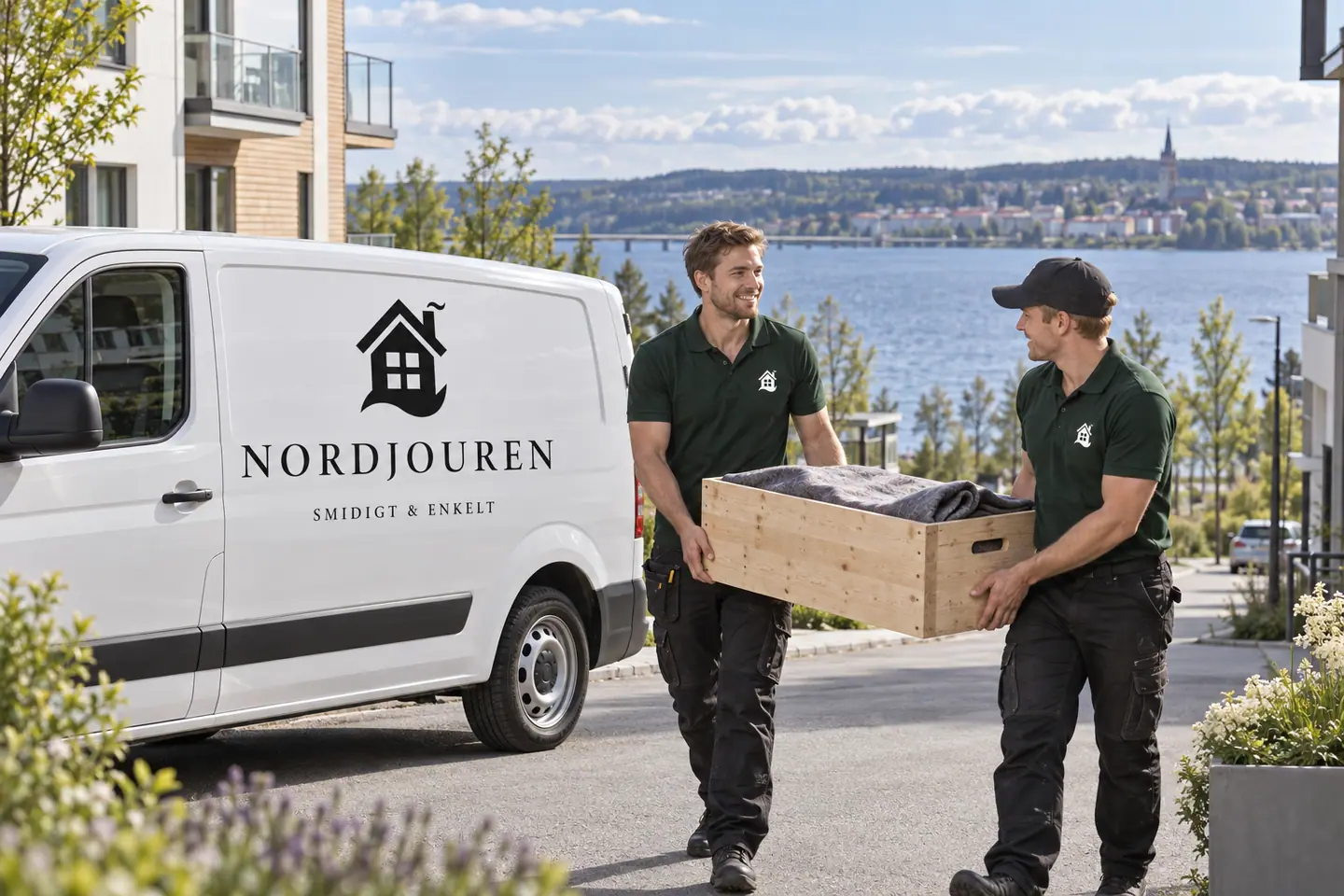Illustration: Nordjourens bil och personal i Östersund, storsjö strand med utsikt mot frösön