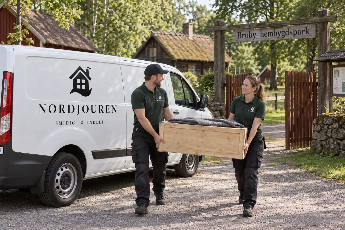 Illustration: Nordjourens bil och personal i Broby, broby hembygdspark