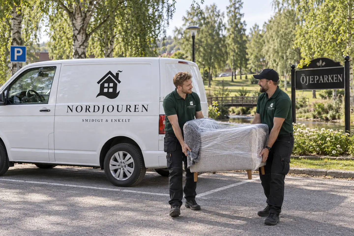 Illustration: Nordjourens bil och personal i Edsbyn, gatumiljön intill öjeparken