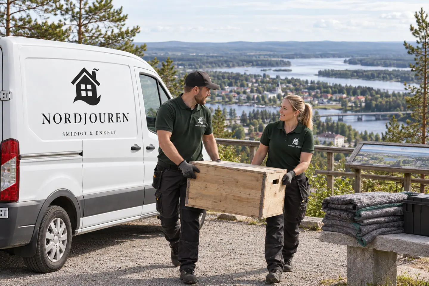 Illustration: Nordjourens bil och personal i Överkalix, brännabergets utsiktsplats