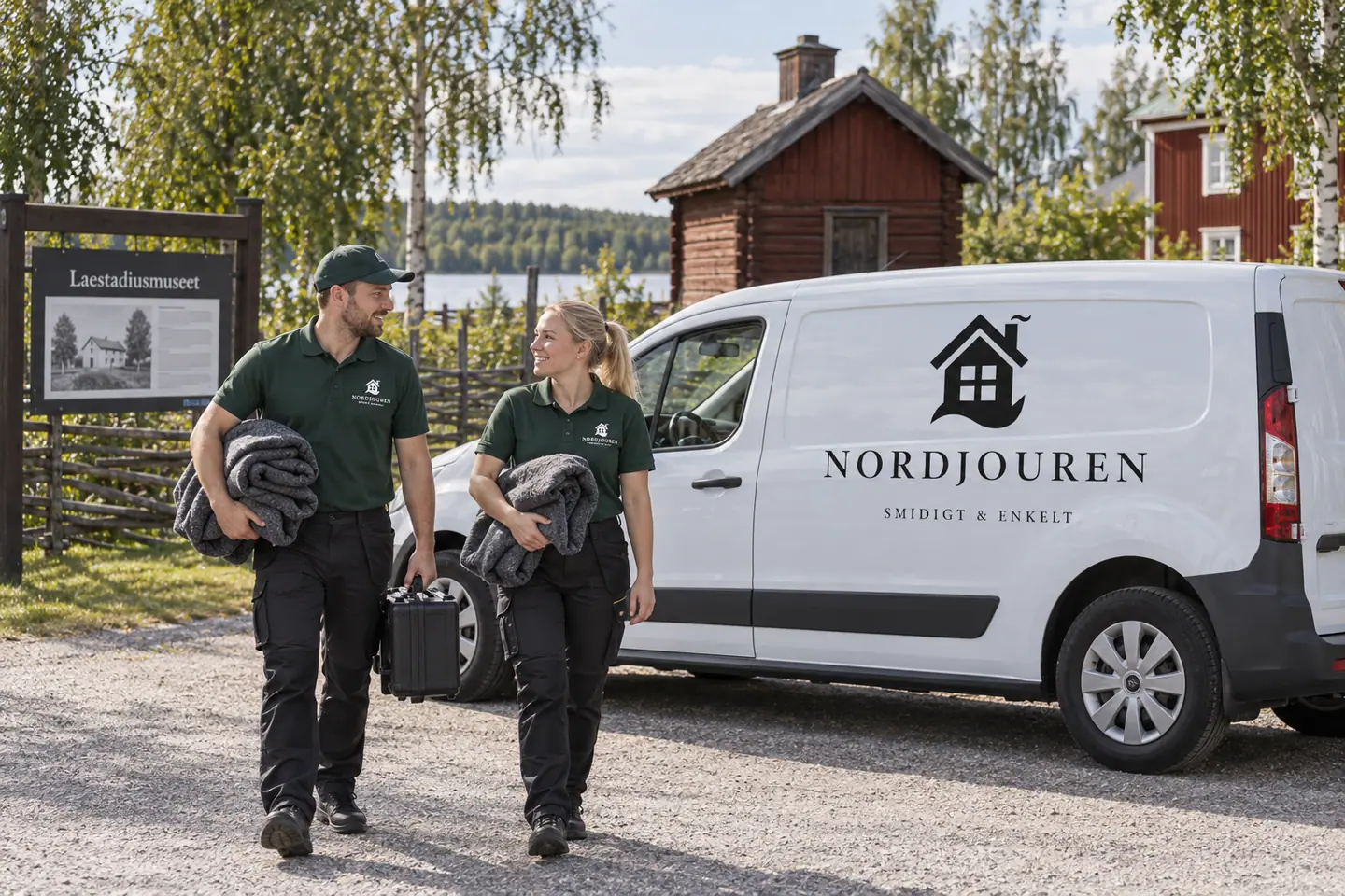Illustration: Nordjourens bil och personal i Pajala, gatumiljön utanför laestadiusmuseet