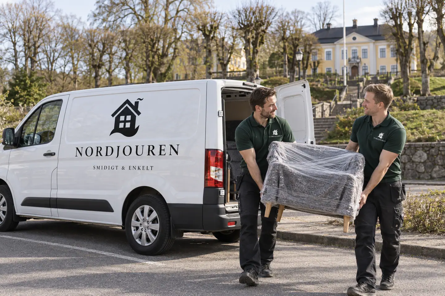 Illustration: Nordjourens bil och personal i Partille, gatumiljön nedanför partille herrgård