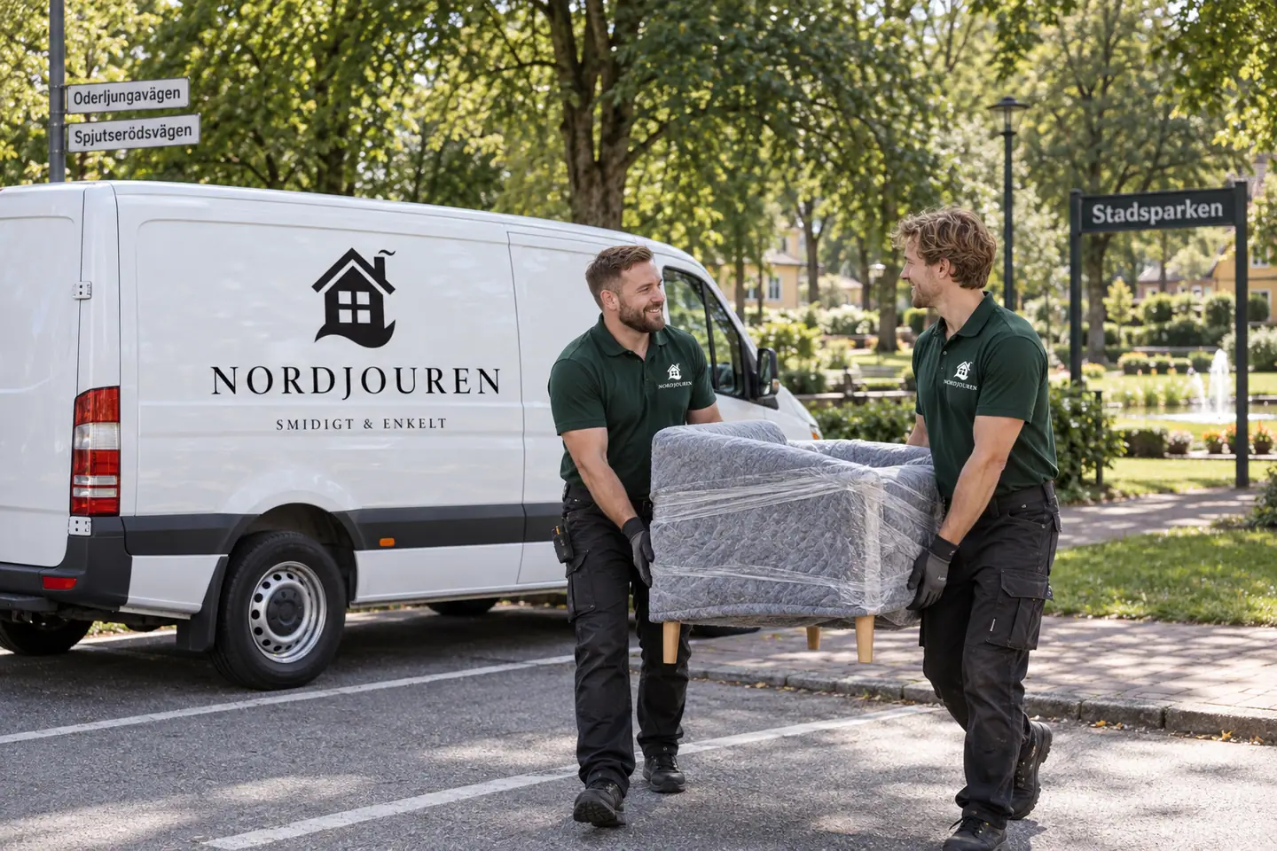 Illustration: Nordjourens bil och personal i Perstorp, gatumiljön vid stadsparkens norra del