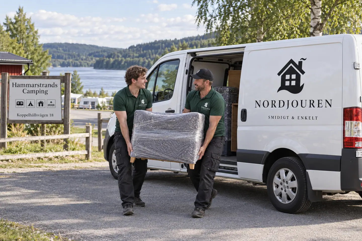 Illustration: Nordjourens bil och personal i Hammarstrand, koppelhällsvägens omgivning vid indalsälven