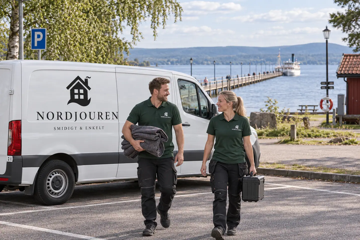 Illustration: Nordjourens bil och personal i Rättvik, gatumiljön vid långbryggans landfäste