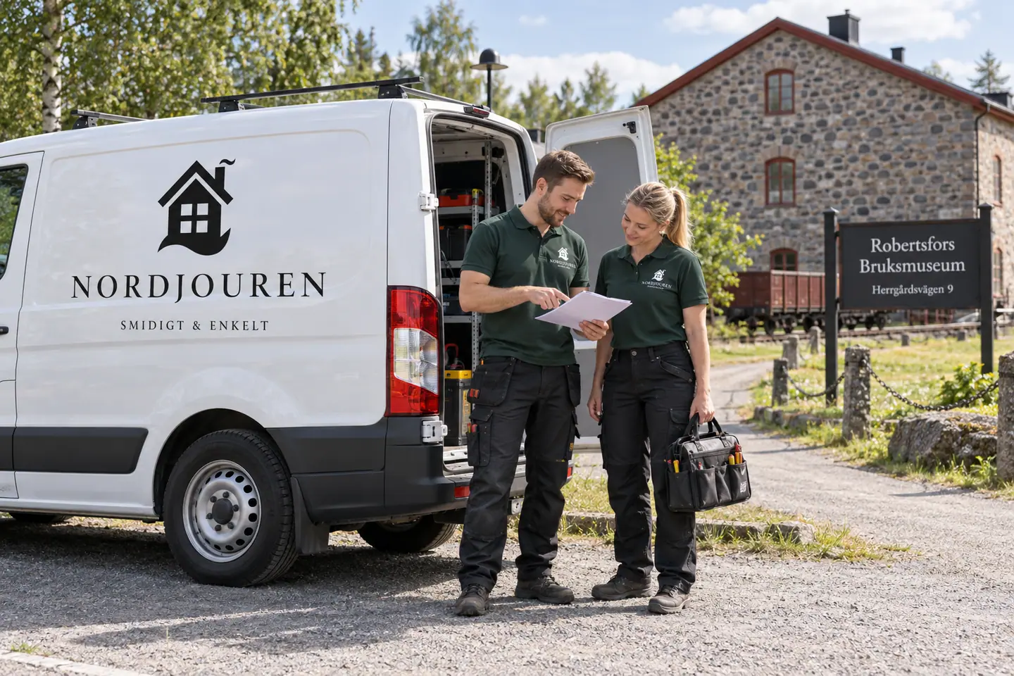Illustration: Nordjourens bil och personal i Robertsfors, tillfarten till bruksmuseet vid herrgårdsvägen