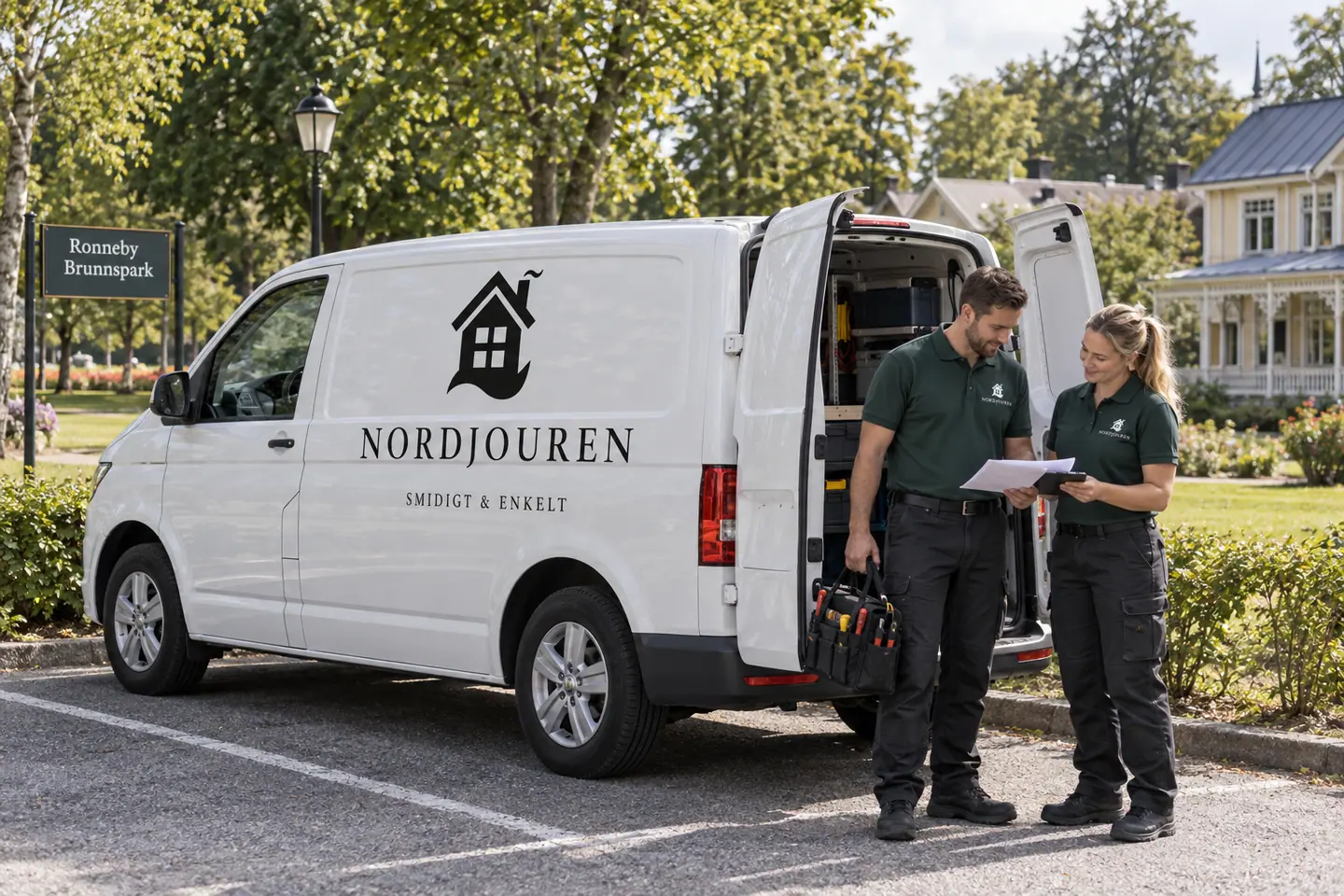 Illustration: Nordjourens bil och personal i Ronneby, gatumiljön utanför brunnsparken