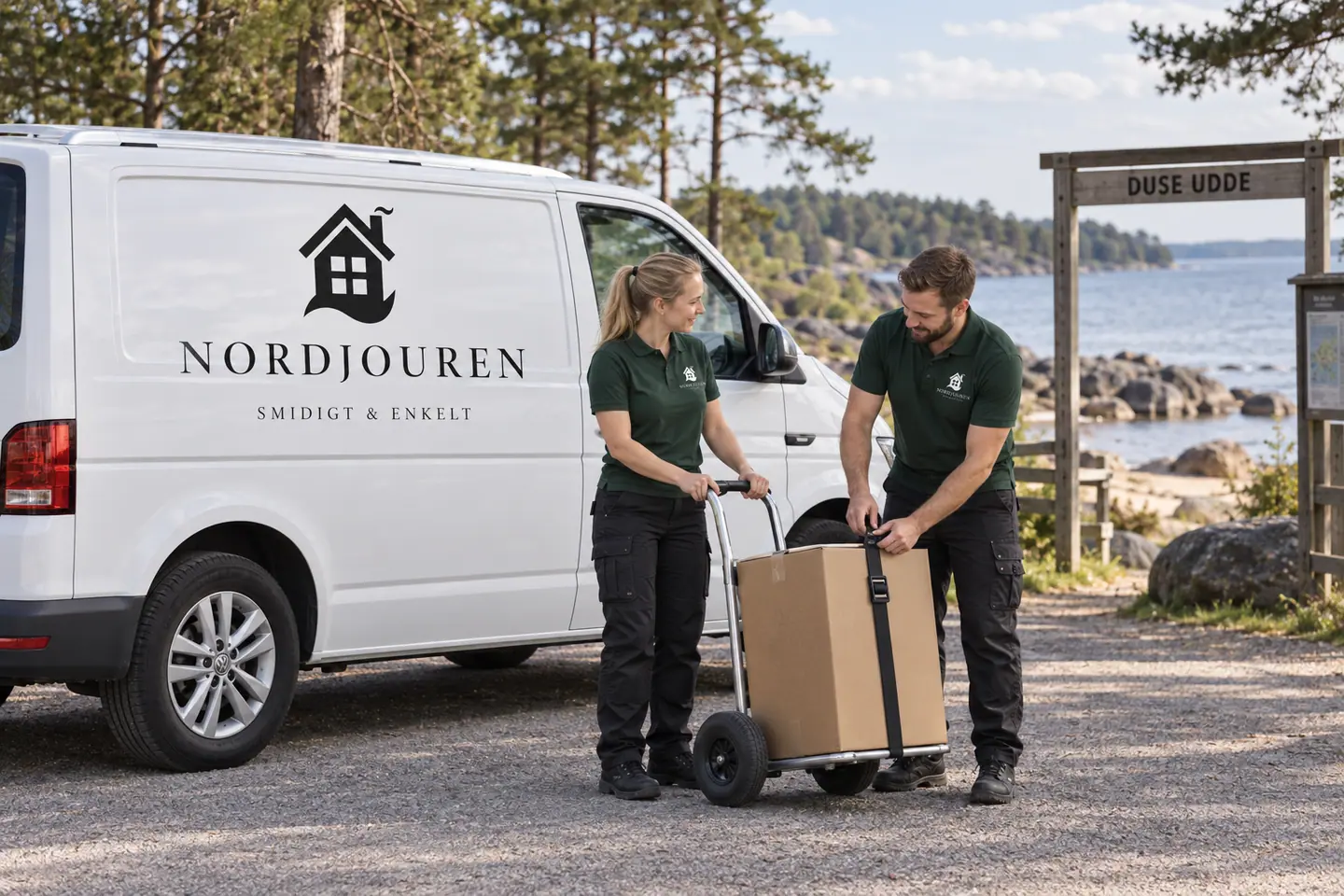 Illustration: Nordjourens bil och personal i Duse Udde, duse udde vid vänern