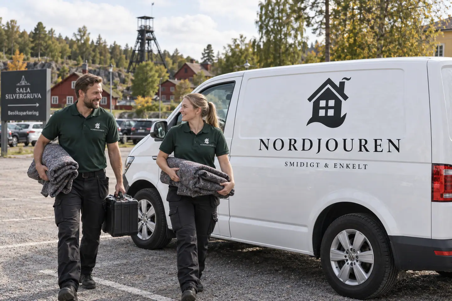 Illustration: Nordjourens bil och personal i Sala, besöksparkeringen vid sala silvergruva