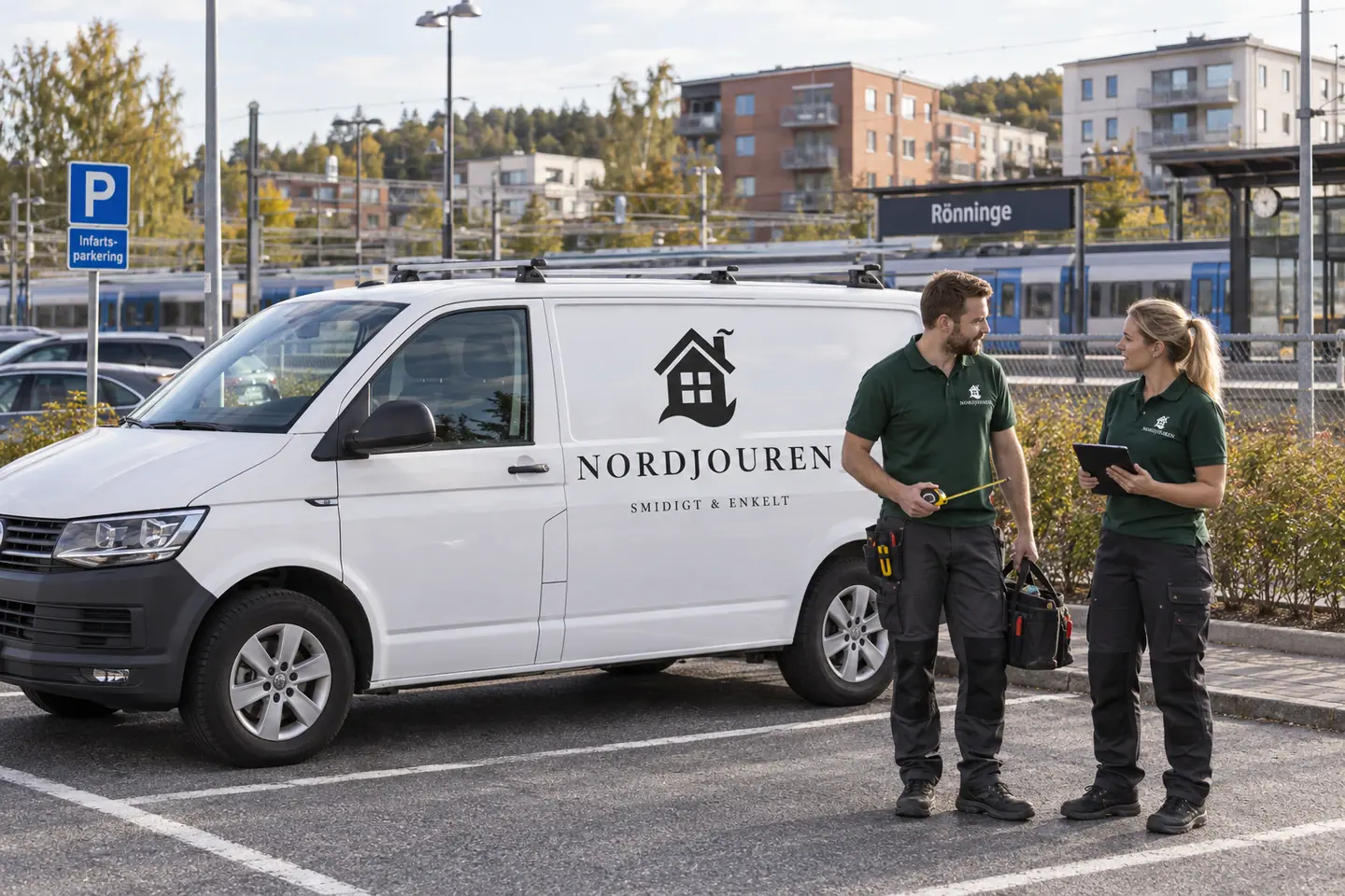 Illustration: Nordjourens bil och personal i Rönninge, rönninges stations- och centrummiljö