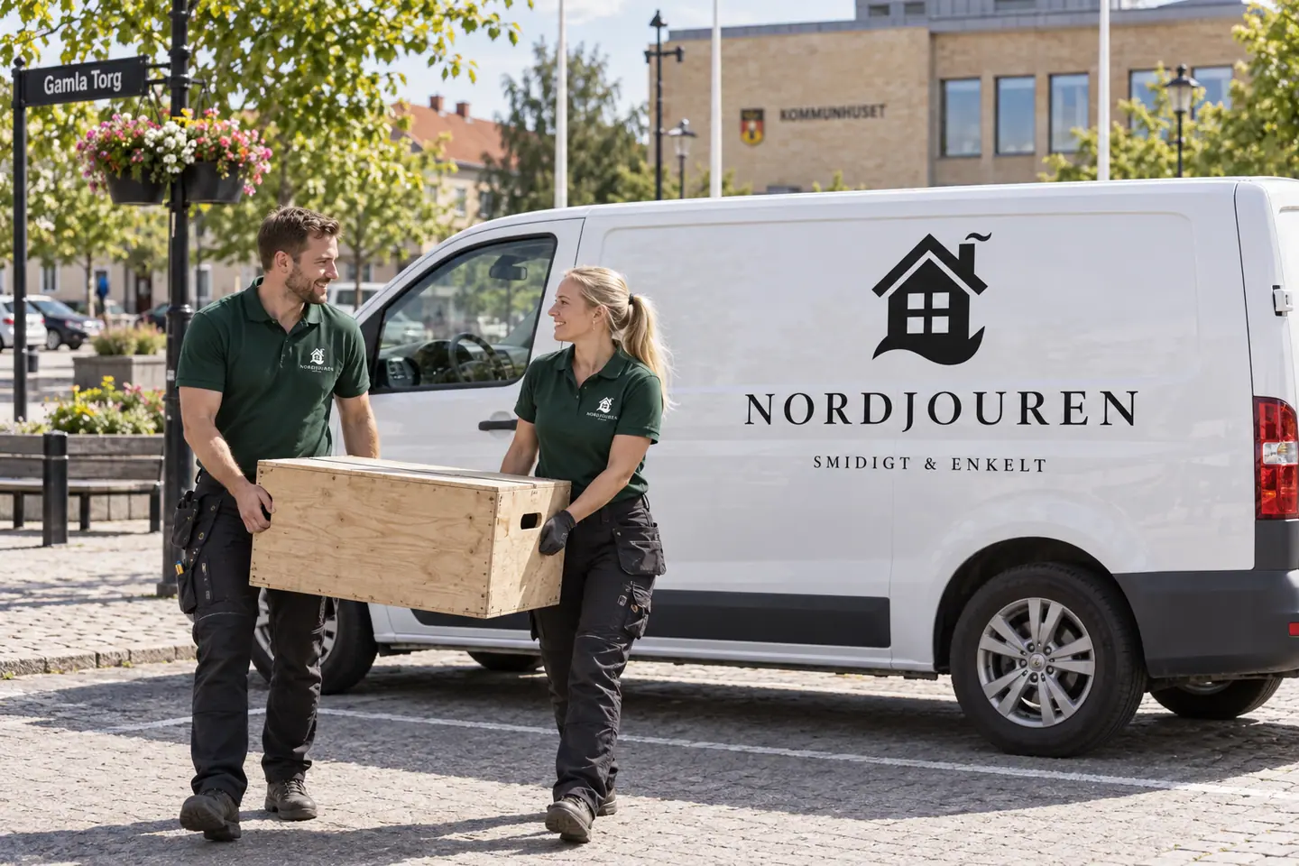 Illustration: Nordjourens bil och personal i Sjöbo, gamla torg