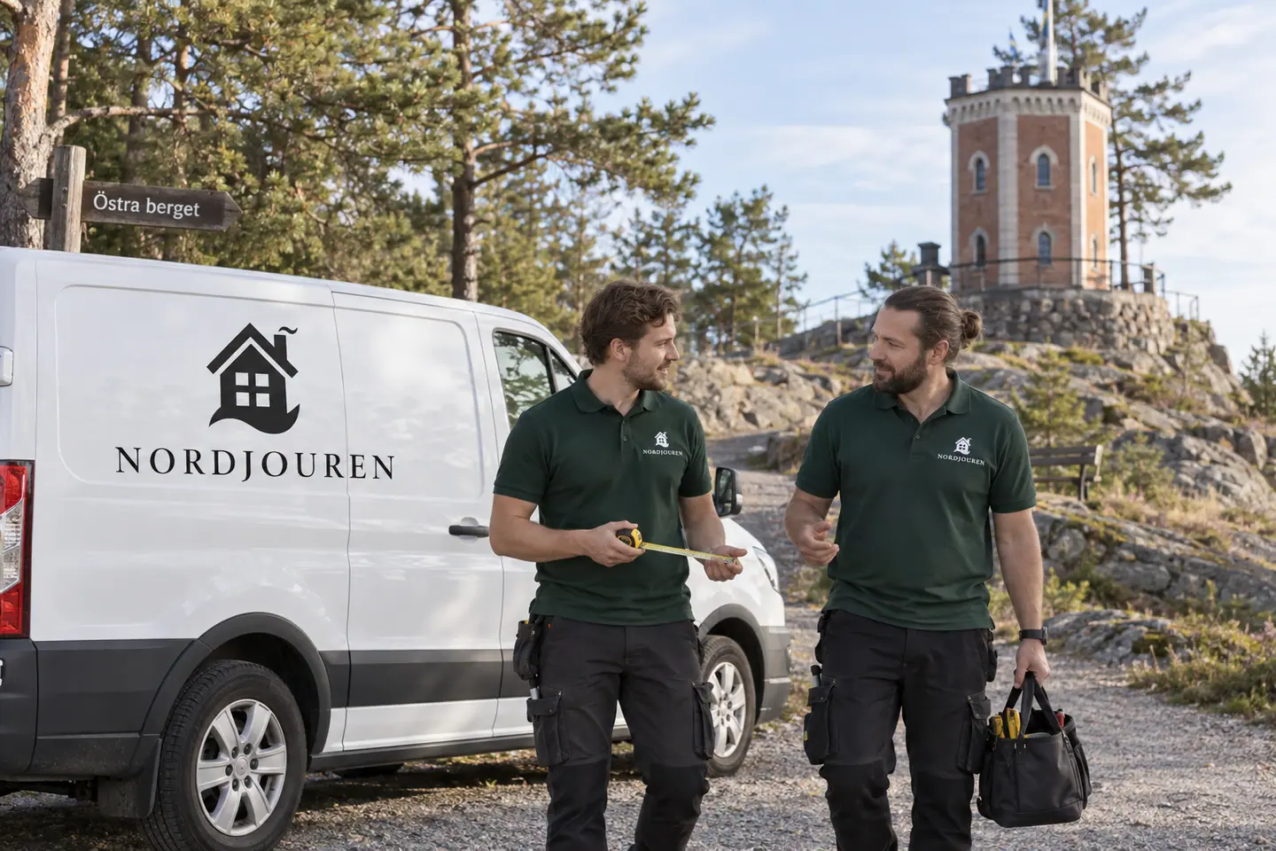 Illustration: Nordjourens bil och personal i Söderhamn, oscarsborg och östra berget