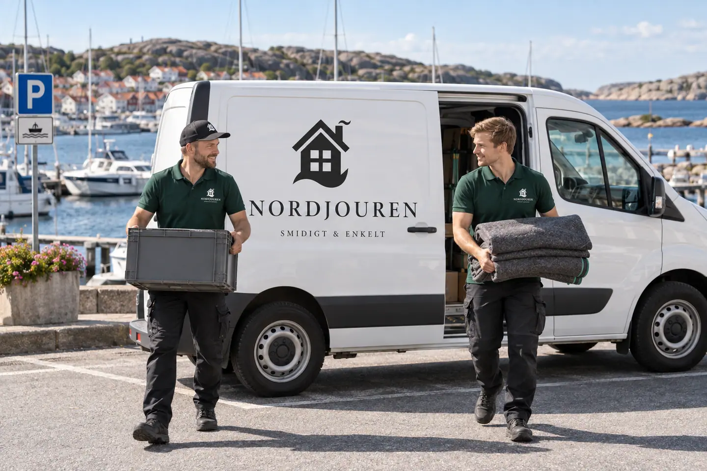 Illustration: Nordjourens bil och personal i Kungshamn, kungshamns gästhamn