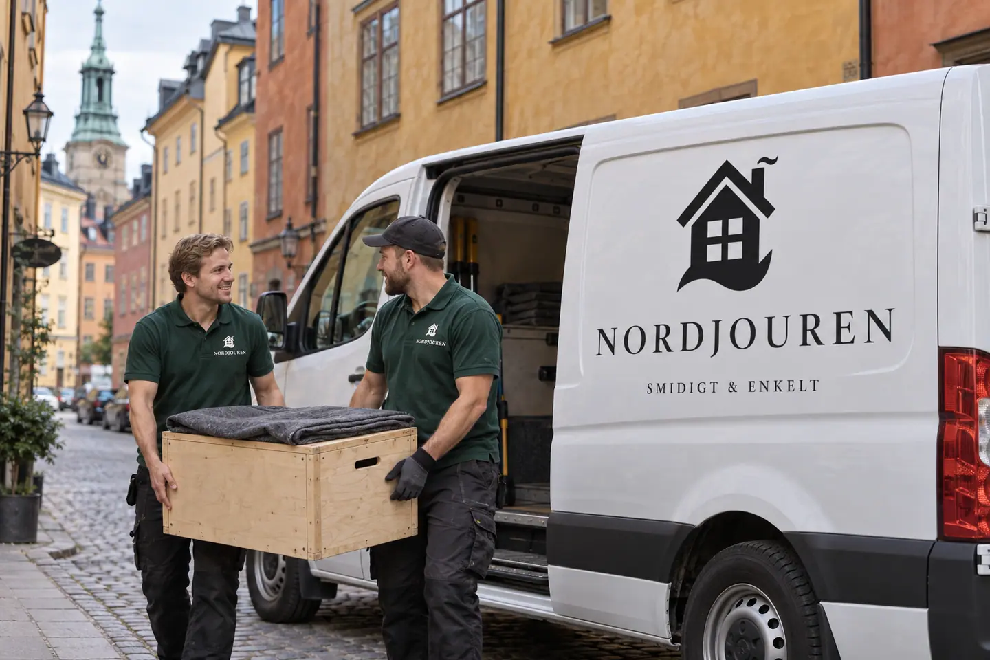 Illustration: Nordjourens bil och personal i Stockholm, gamla stans äldre kvarter