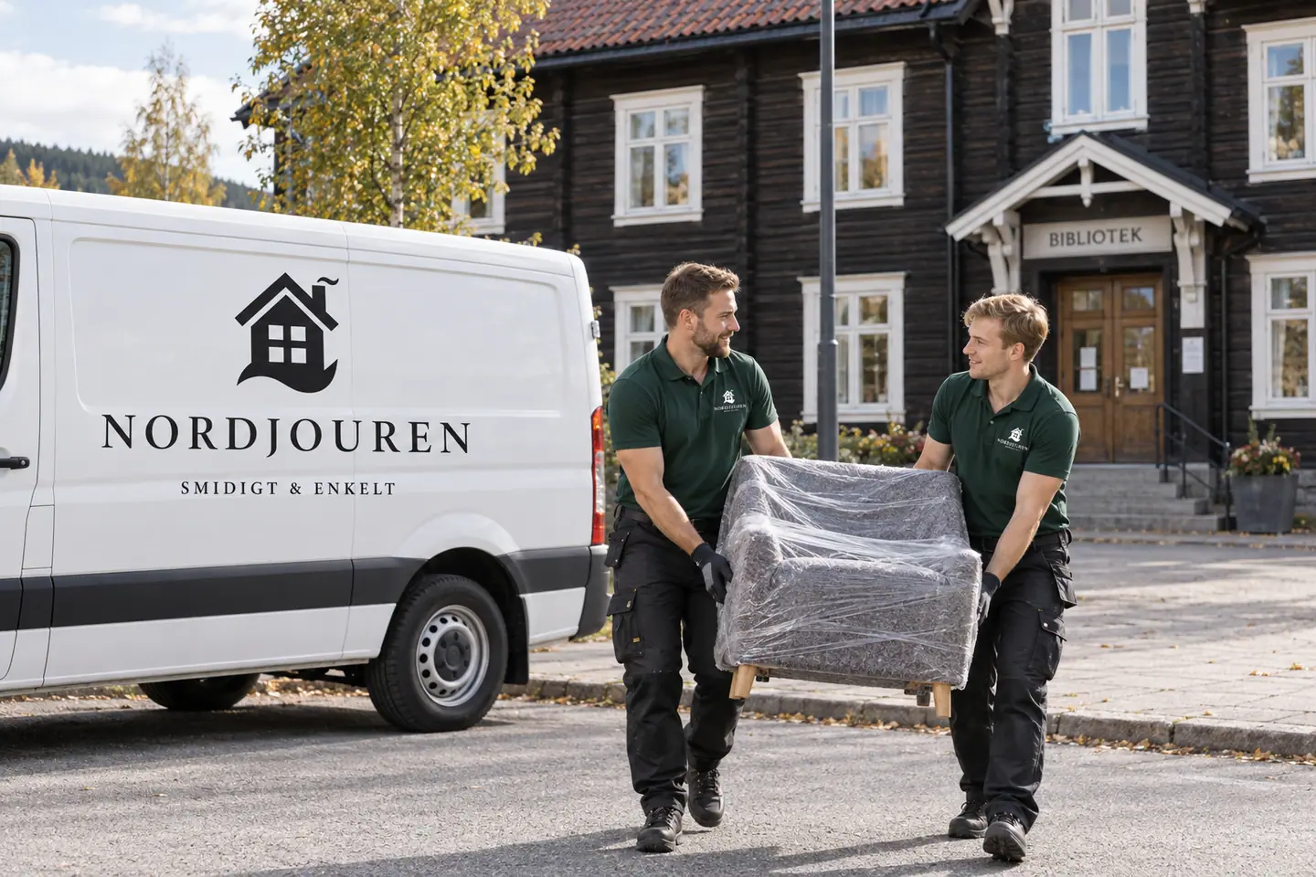 Illustration: Nordjourens bil och personal i Storuman, gamla järnvägshotellet