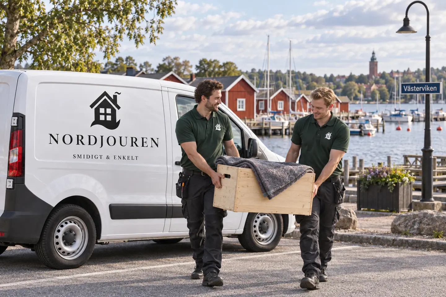 Illustration: Nordjourens bil och personal i Strängnäs, västerviken
