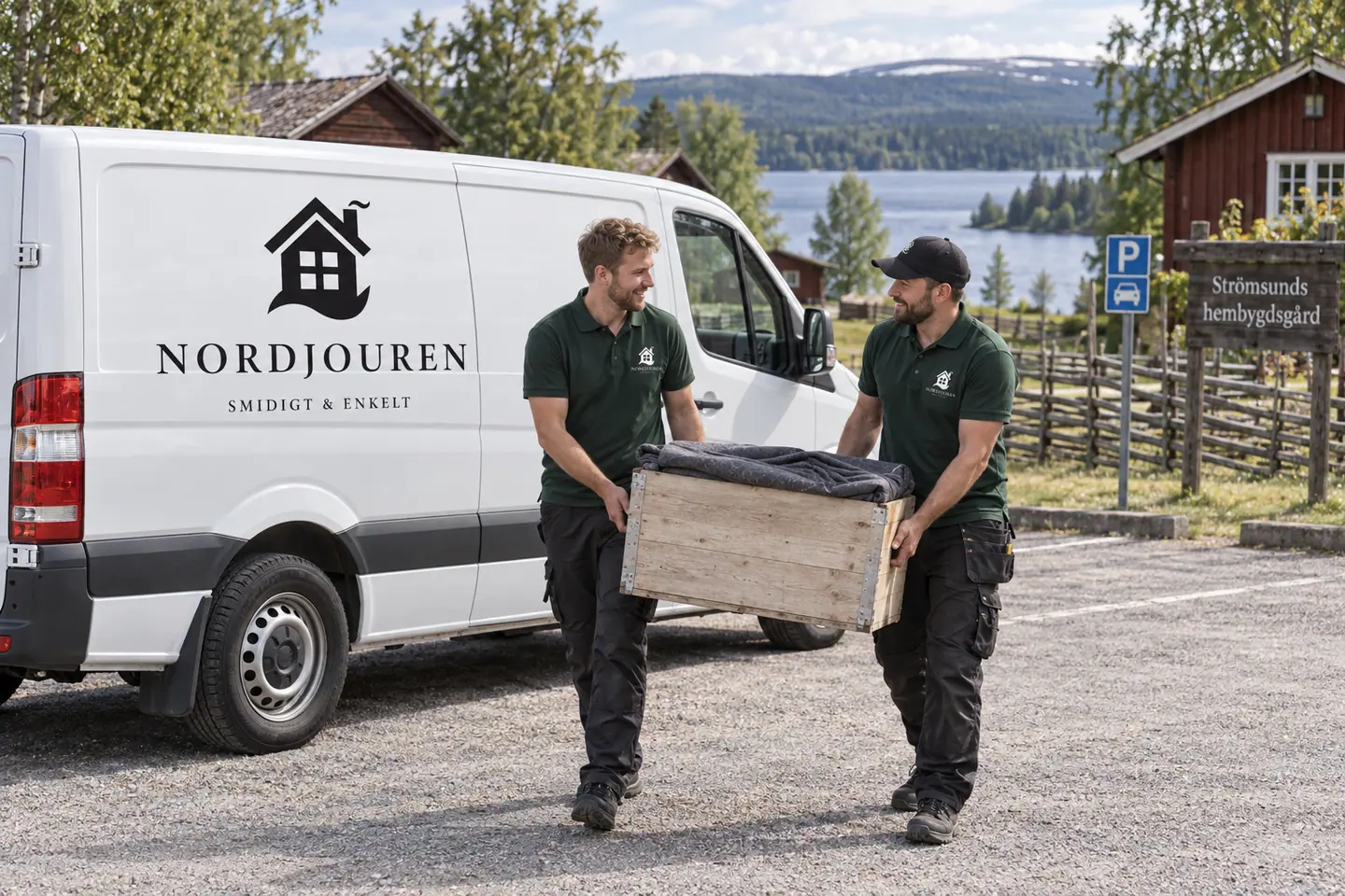Illustration: Nordjourens bil och personal i Strömsund, hembygdsgården vid vattudalen