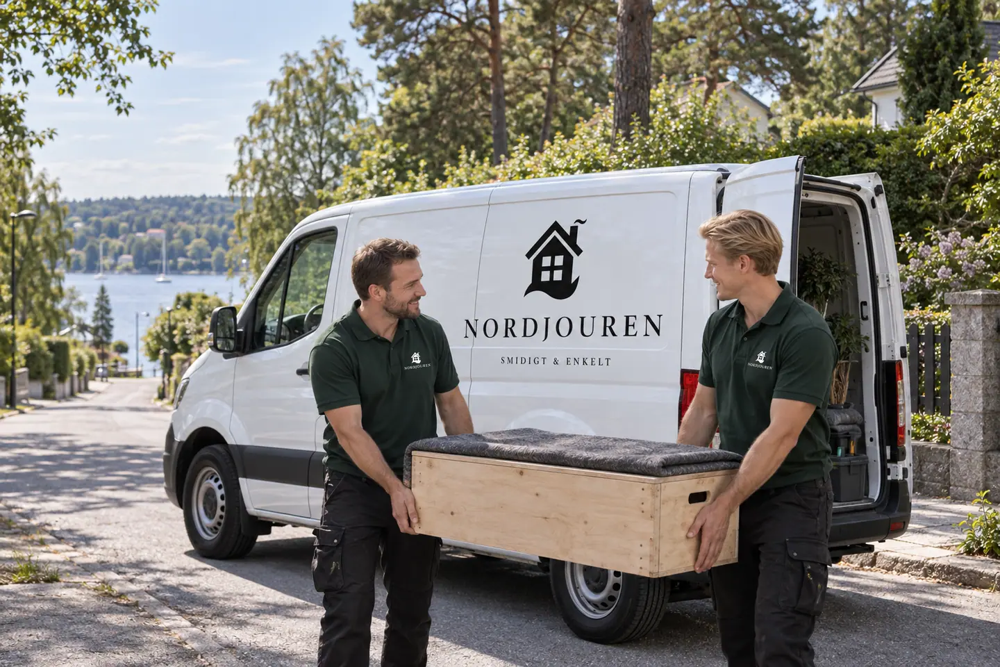 Illustration: Nordjourens bil och personal i Näsbypark, centralvägens gröna villamiljö i näsbypark