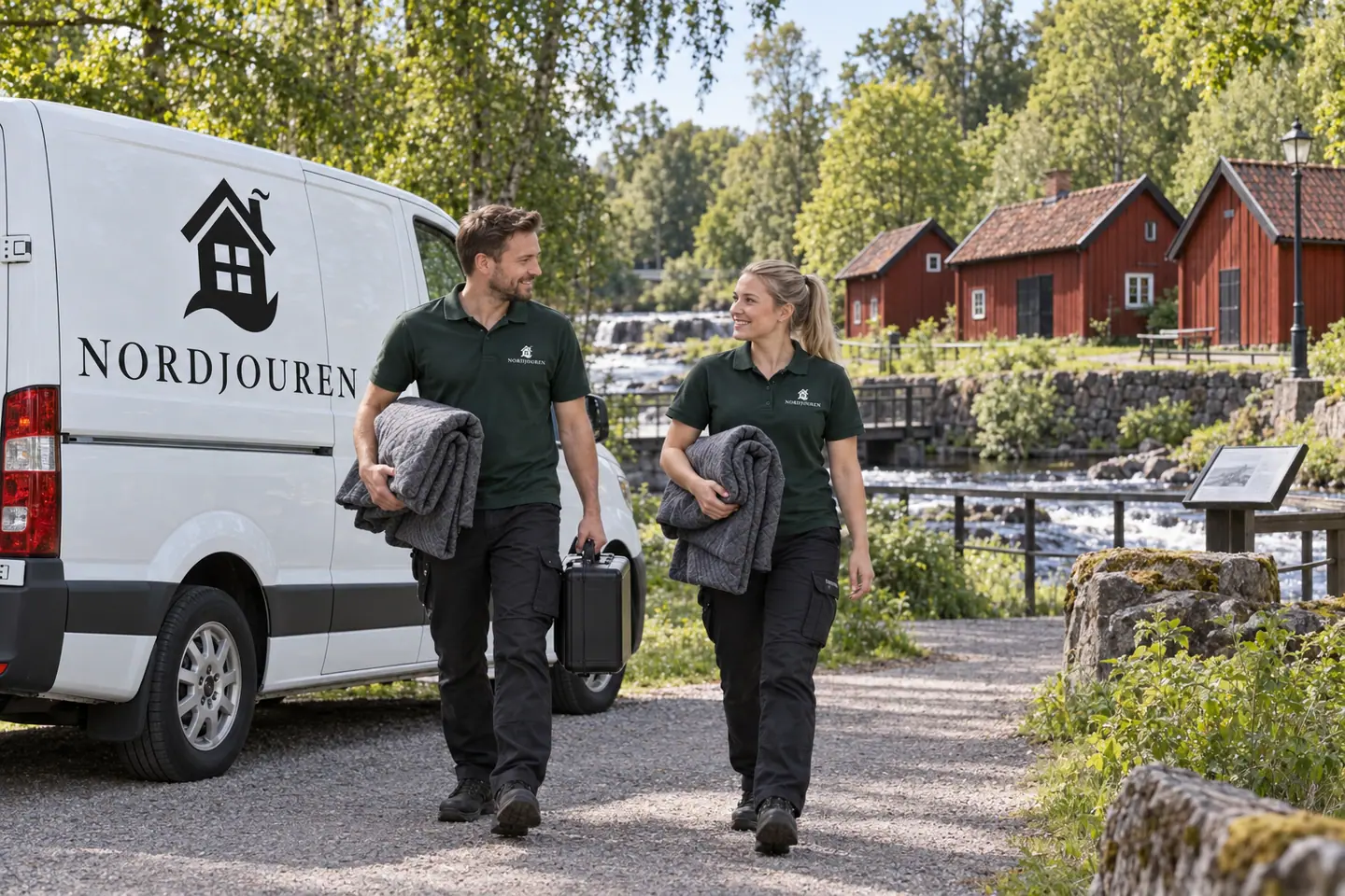 Illustration: Nordjourens bil och personal i Tidaholm, smedstugorna på turbinhusön