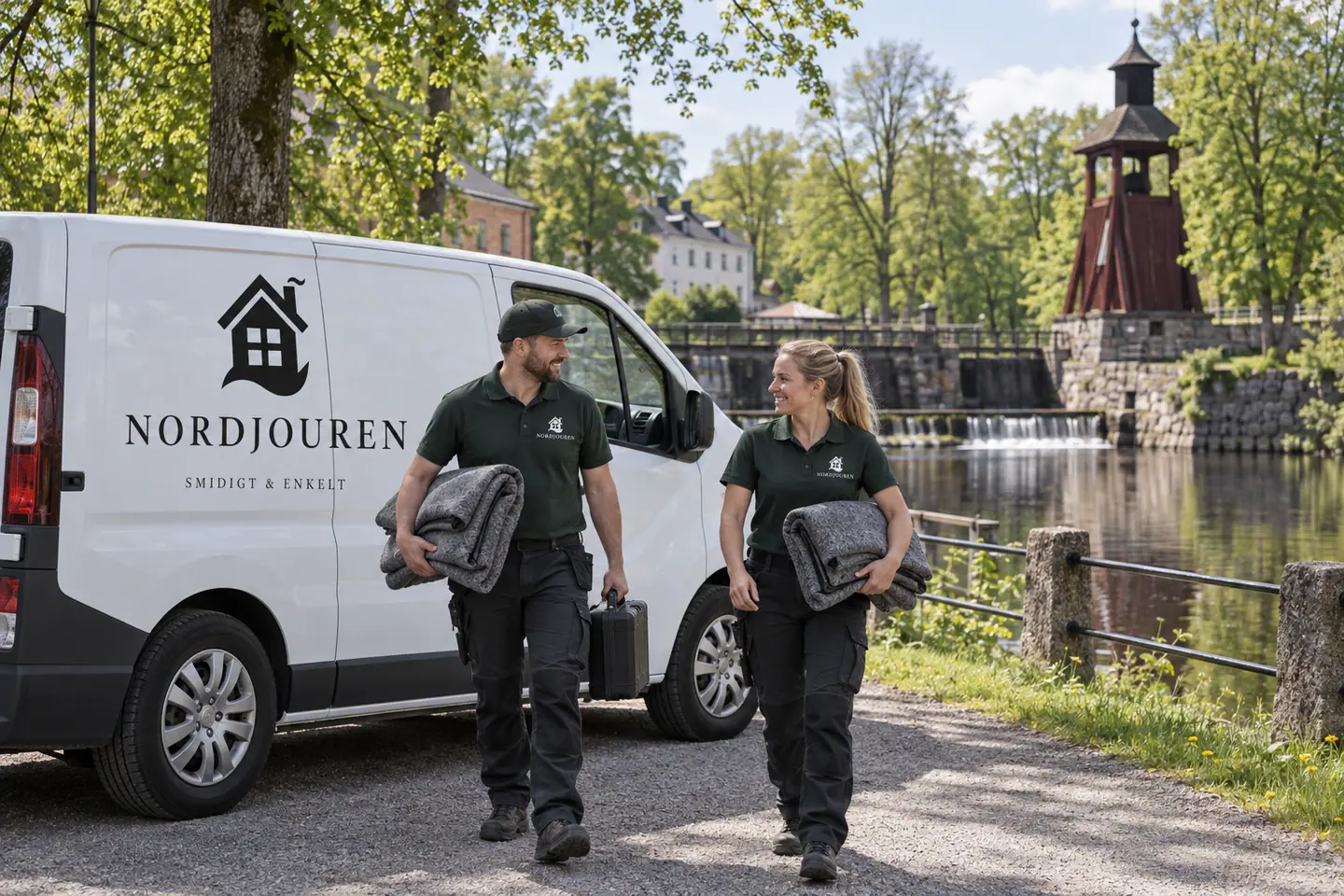 Illustration: Nordjourens bil och personal i Karlholmsbruk, karlholmsbruks damm och klockstapel