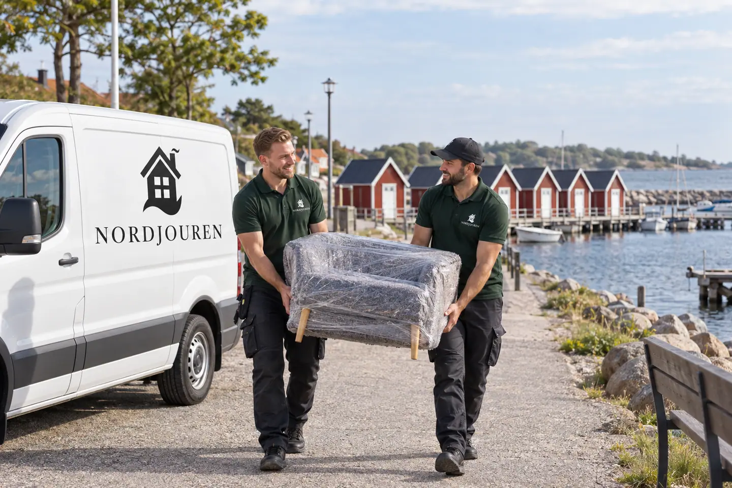 Illustration: Nordjourens bil och personal i Bergkvara, sjöbodarna i bergkvara hamn