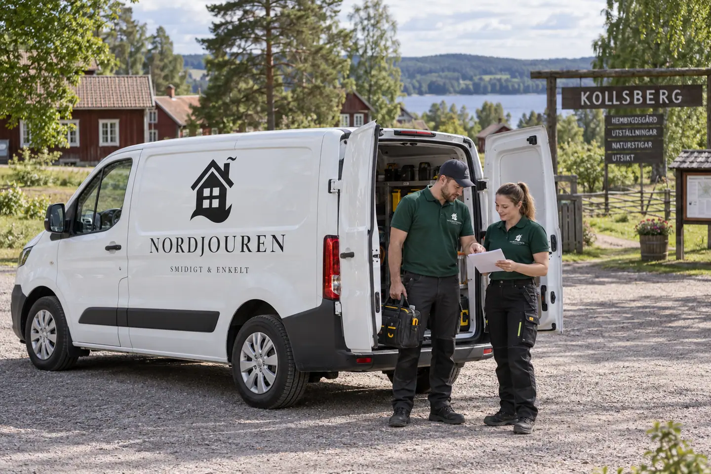Illustration: Nordjourens bil och personal i Torsby, kollsbergs hembygdsgård