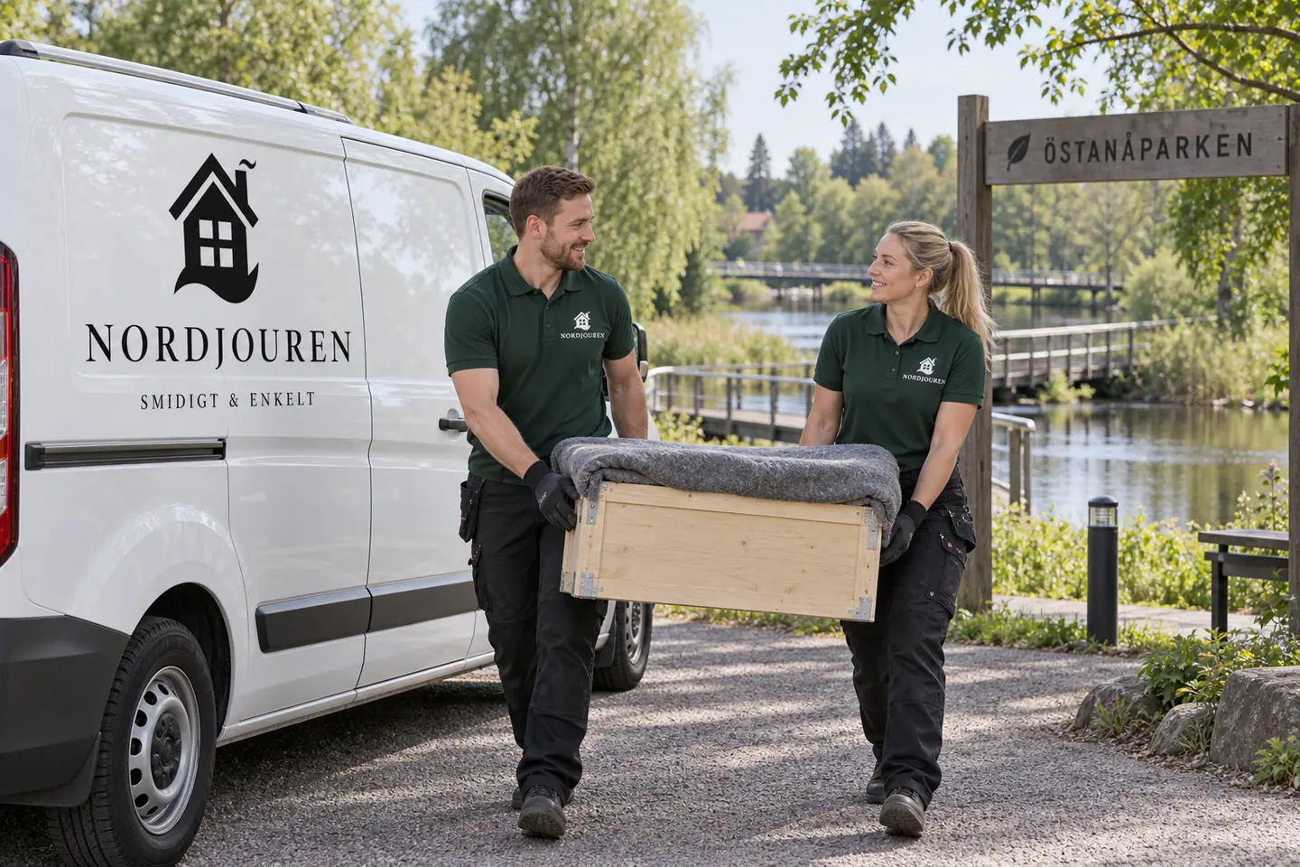Illustration: Nordjourens bil och personal i Tranås, östanåparken vid svartån