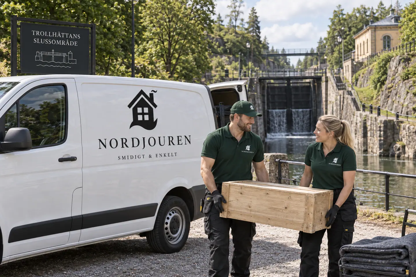 Illustration: Nordjourens bil och personal i Trollhättan, det historiska kanal- och slussområdet