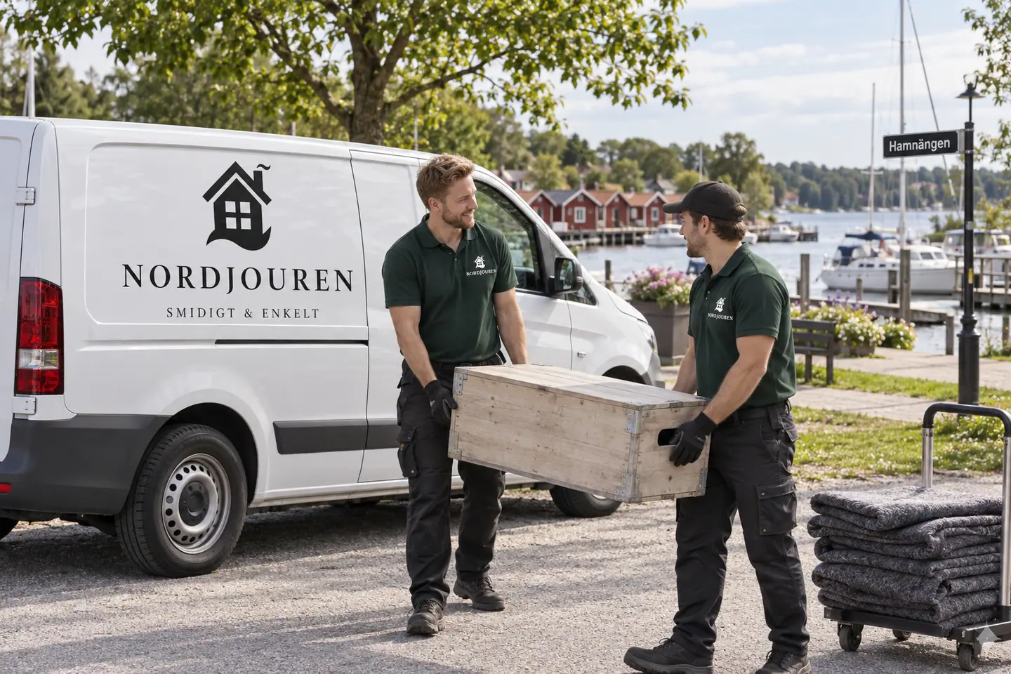 Illustration: Nordjourens bil och personal i Trosa, hamnängen vid hamnen