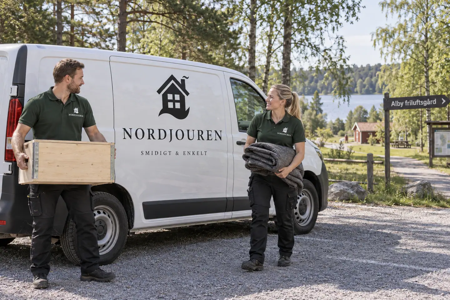 Illustration: Nordjourens bil och personal i Alby, Tyresö, entrén till alby friluftsområde