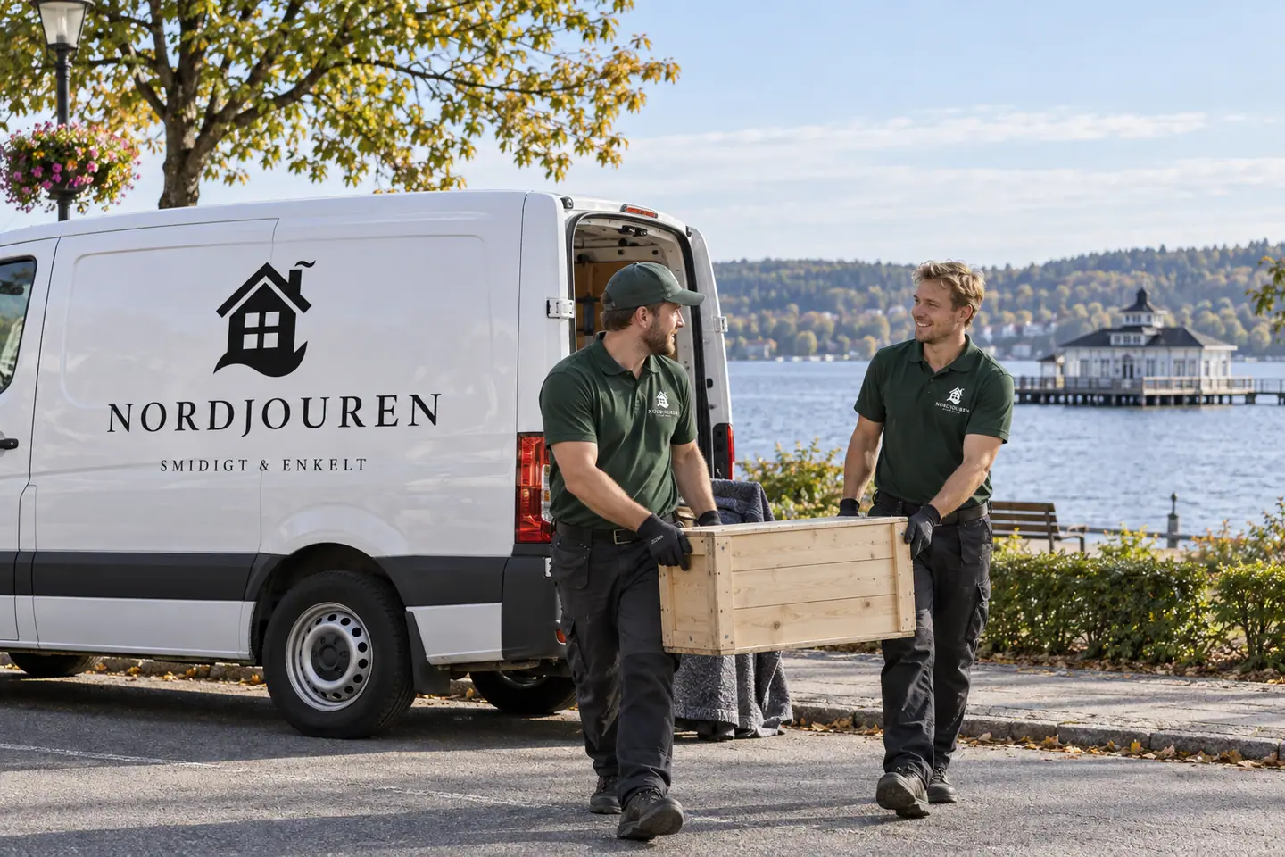 Illustration: Nordjourens bil och personal i Ulricehamn, stranden vid ulricehamns kallbadhus