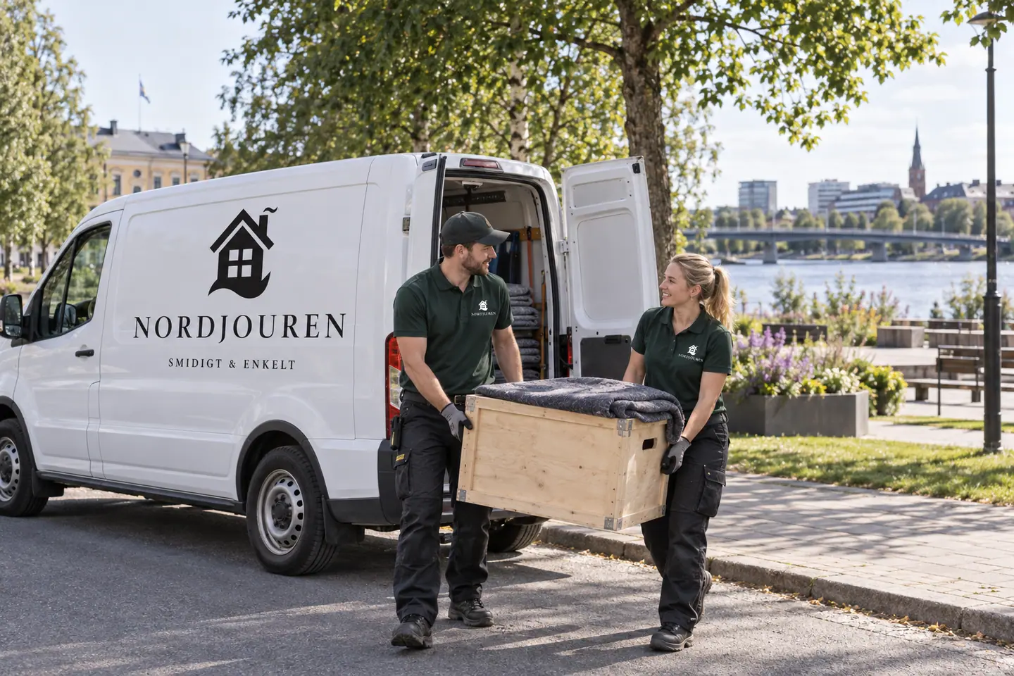 Illustration: Nordjourens bil och personal i Umeå, rådhusparken mot umeälven