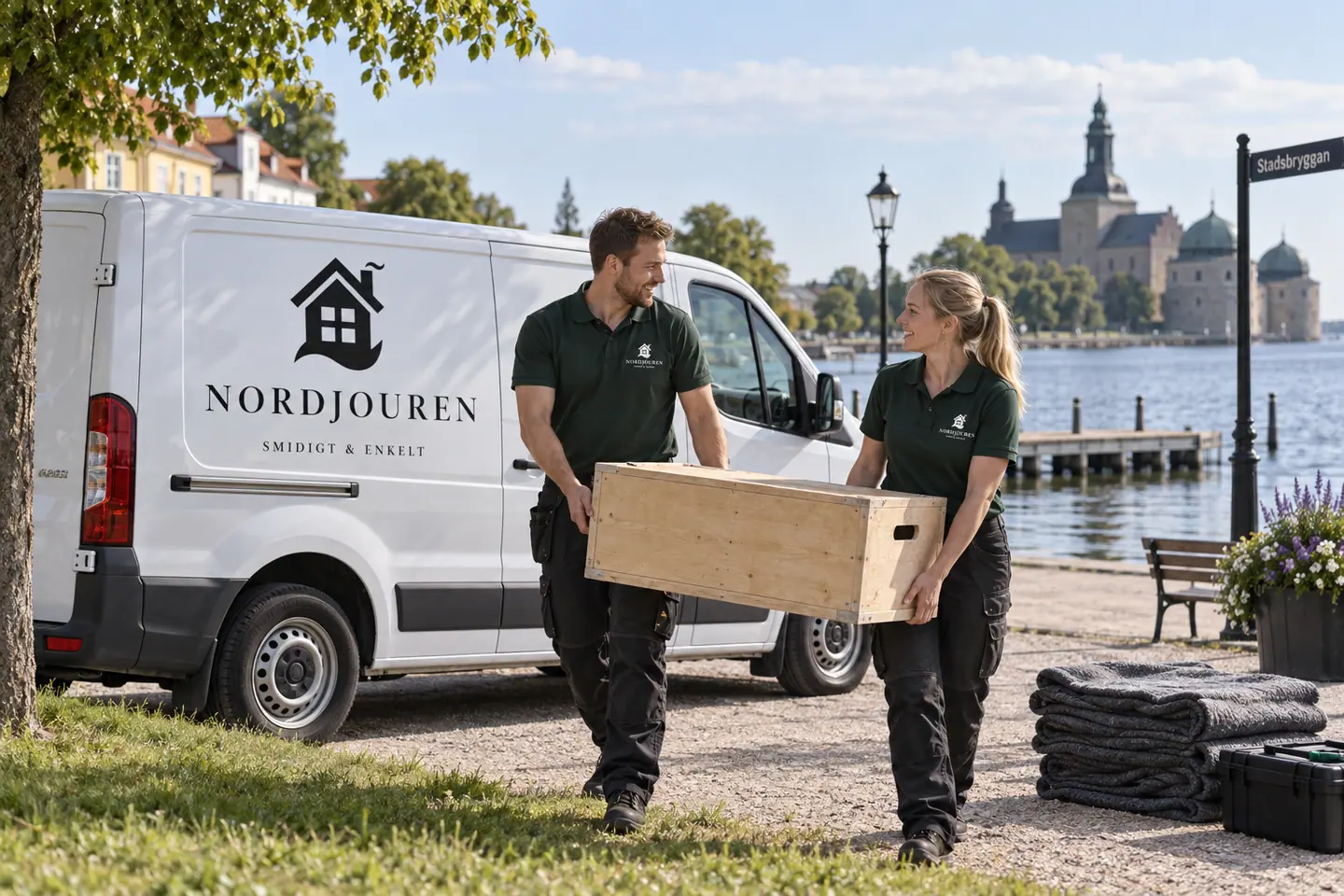 Illustration: Nordjourens bil och personal i Vadstena, stadsbryggan och strandpromenaden