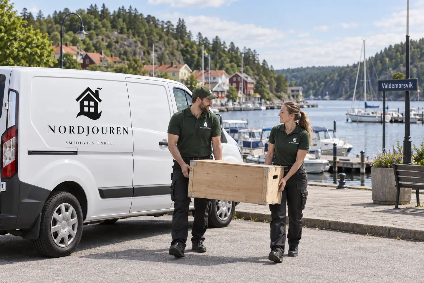 Illustration: Nordjourens bil och personal i Valdemarsvik, hamnpromenaden vid valdemarsviken