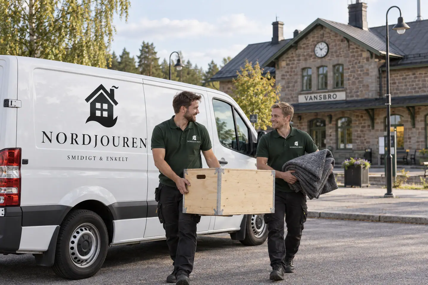 Illustration: Nordjourens bil och personal i Vansbro, gatumiljön vid vansbro stationshus