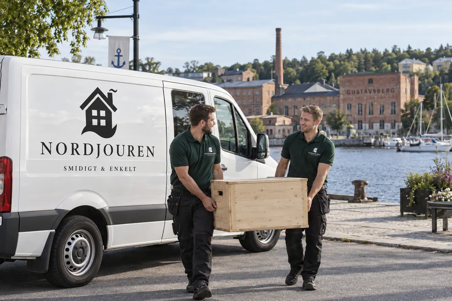 Illustration: Nordjourens bil och personal i Gustavsberg, gustavsbergs äldre hamn- och fabriksmiljö