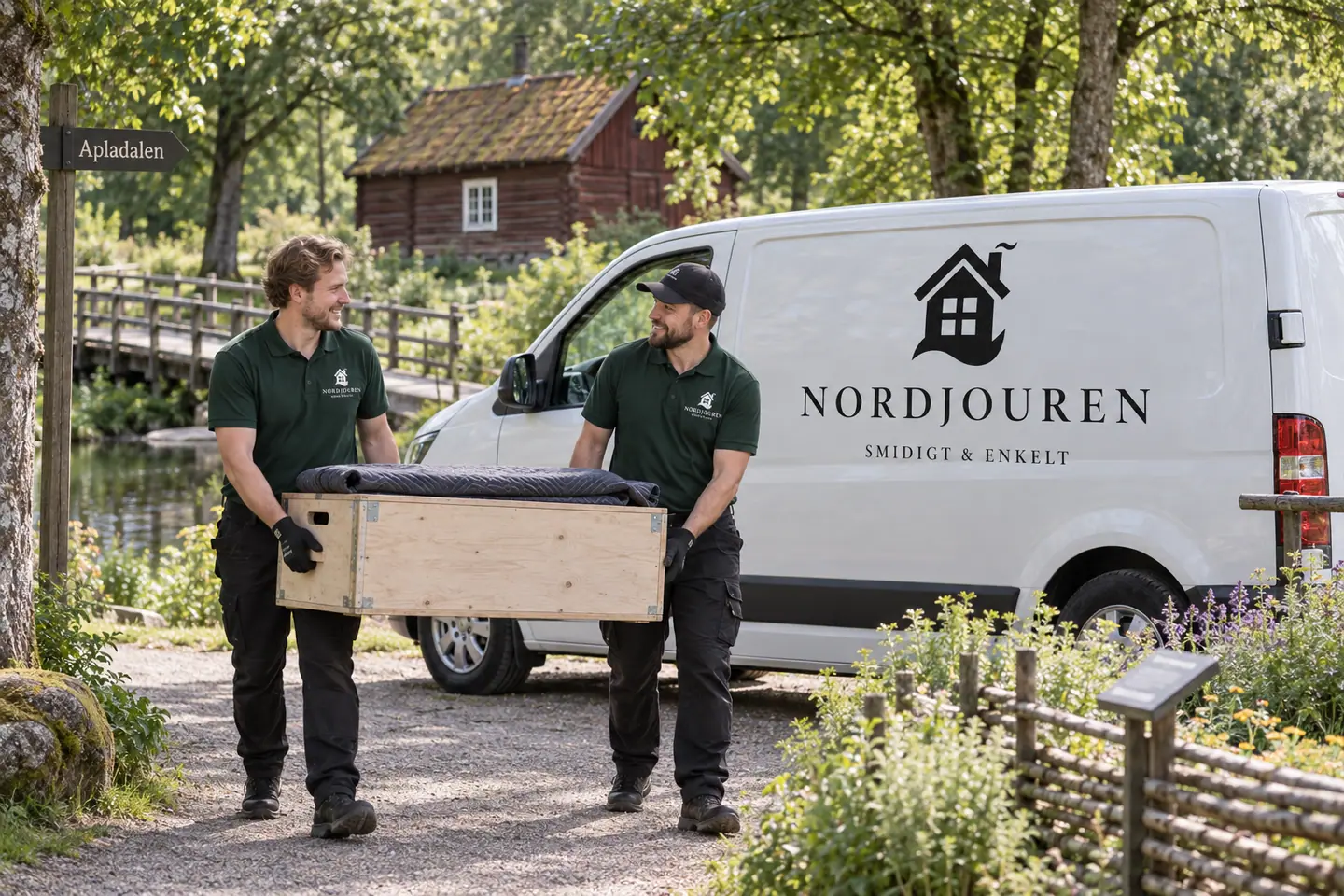 Illustration: Nordjourens bil och personal i Värnamo, apladalens hembygdspark