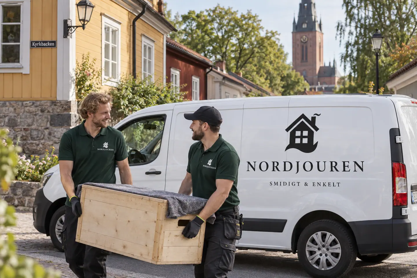 Illustration: Nordjourens bil och personal i Västerås, kyrkbackens småskaliga trähuskvarter