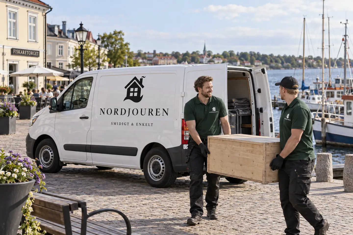 Illustration: Nordjourens bil och personal i Västervik, fiskaretorgets vattenfront