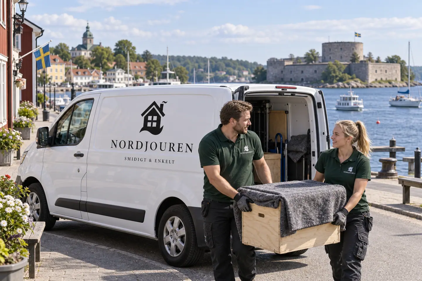 Illustration: Nordjourens bil och personal i Vaxholm, österhamnen med kastellet över sundet