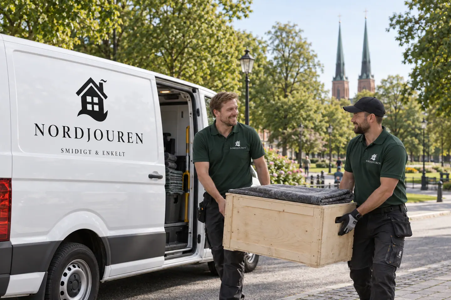 Illustration: Nordjourens bil och personal i Växjö, linnéparken och växjö domkyrka