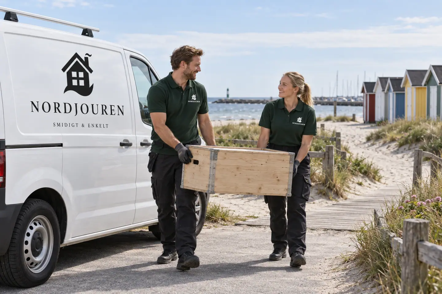 Illustration: Nordjourens bil och personal i Skanör, skanörs strand vid hamnen