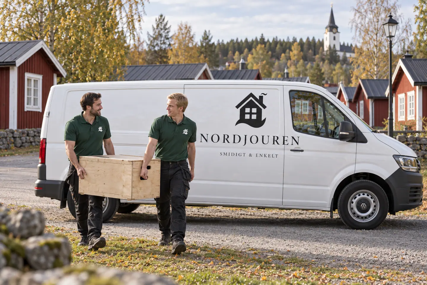 Illustration: Nordjourens bil och personal i Vilhelmina, gatumiljön vid vilhelmina kyrkstad