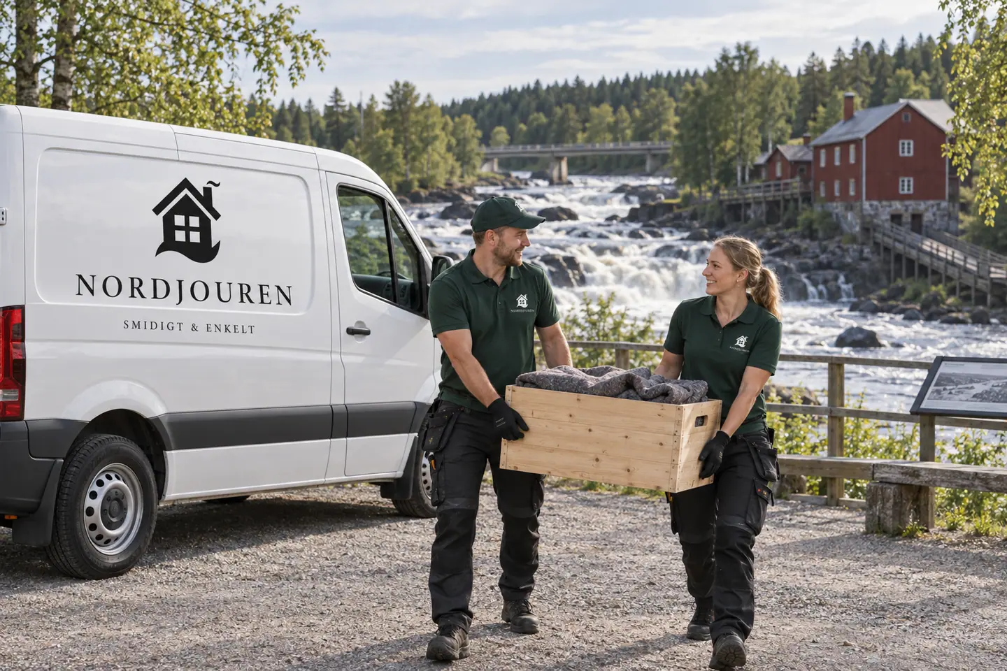 Illustration: Nordjourens bil och personal i Vindeln, vindelforsarna vid kvarnen