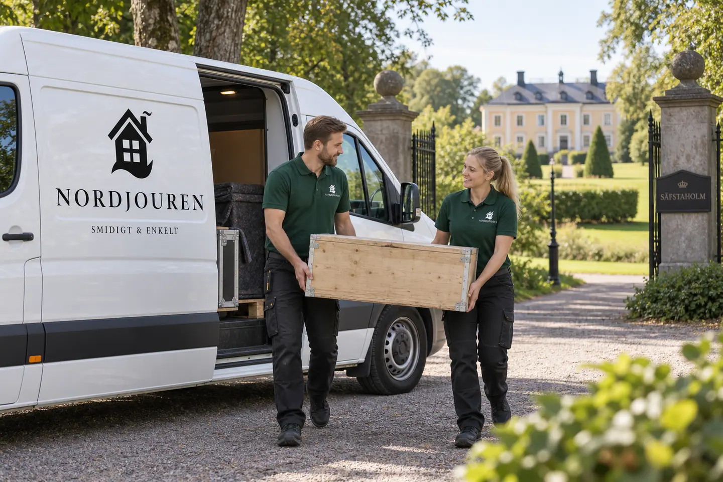 Illustration: Nordjourens bil och personal i Vingåker, säfstaholms slott och parkentré